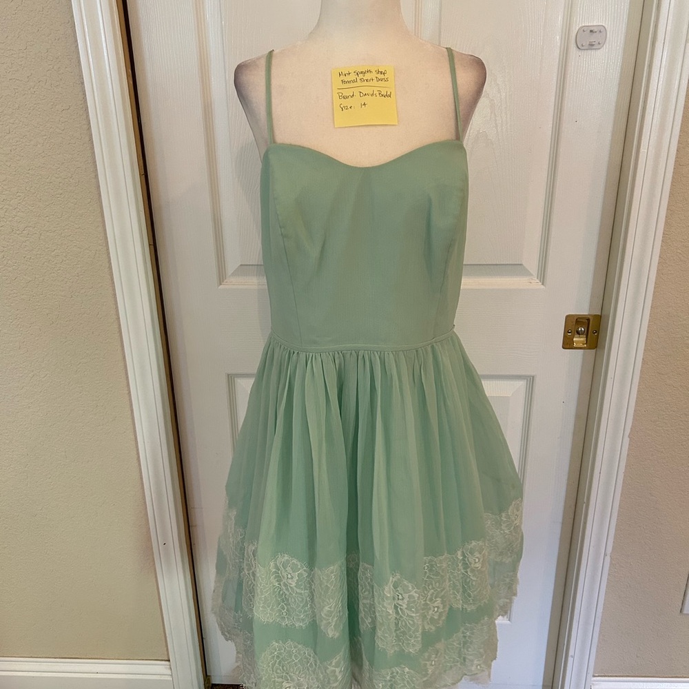 David’s Bridal Mint thin strap formal short dress with white lace detail